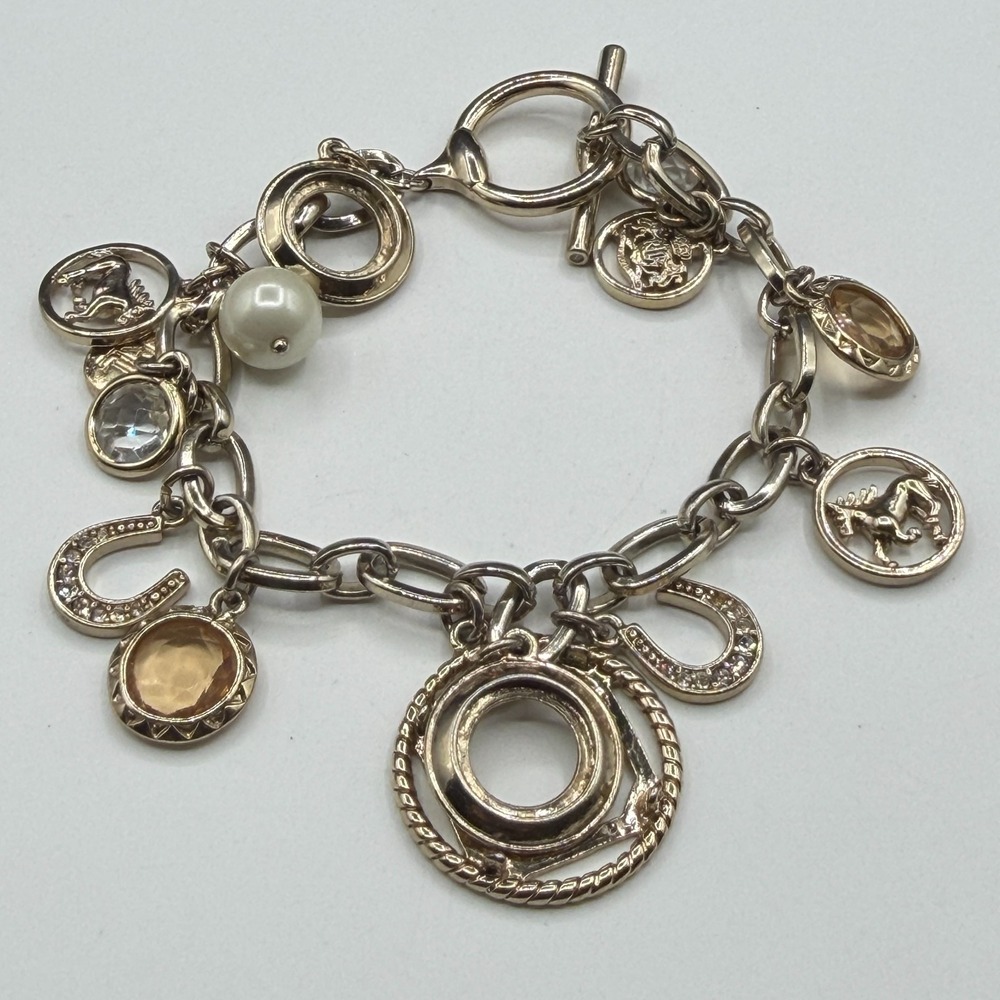Gold Tone Western Horse Horseshoe Crystal Pearl Chunky Charm Bracelet Boho Gift